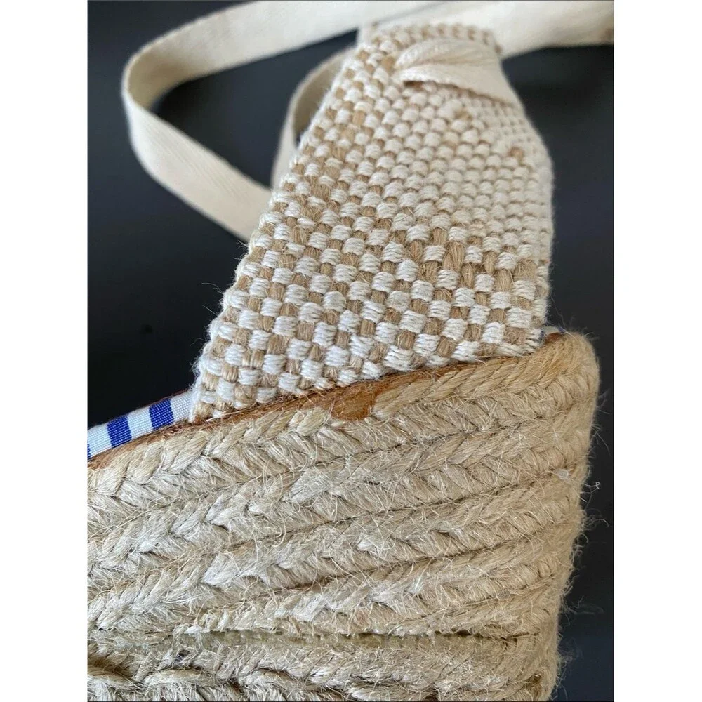 Coach Patchwork Espadrille Wedges Multicolor Sz 7R Logo Floral Coastal Preppy
